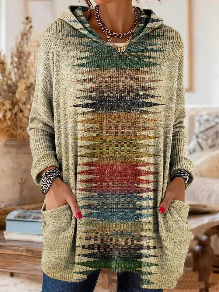Bohemian-print hooded tunic top with relaxed fit and long sleeves