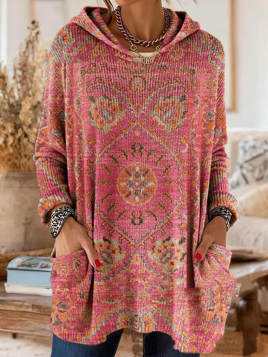 Bohemian-print hooded tunic top with relaxed fit and long sleeves