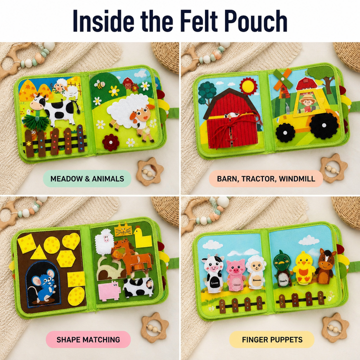 Felt Farm Book for Toddlers with Zips, Lacing, Velcro Animals and Finger Puppets