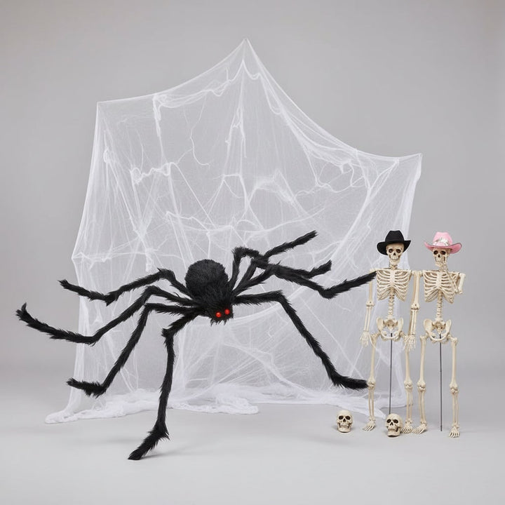 Halloween Giant Poseable Spider Decoration with Fuzzy Fur Red Eyes and Stretchy Web for Yard Party