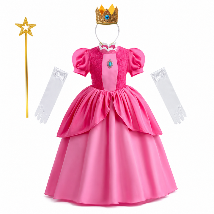 Girls' Halloween mushroom princess and Toadstool Costume Dress Set with Crown Gloves and Wand