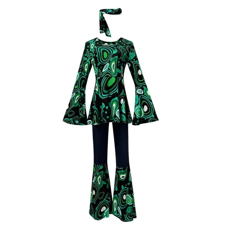 Halloween 70s Costume Hippie Bell Bottom Set with Headband and Psychedelic Print