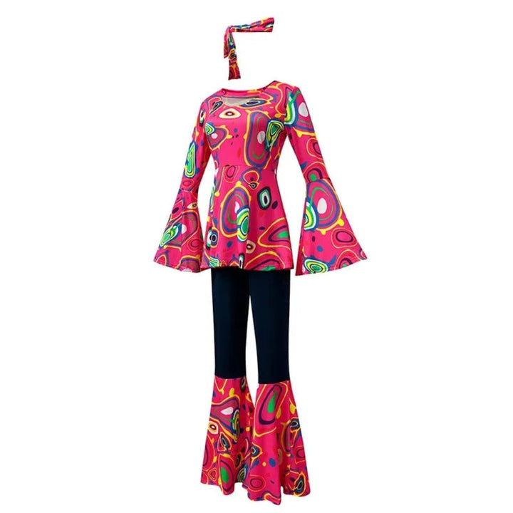 Halloween 70s Costume Hippie Bell Bottom Set with Headband and Psychedelic Print