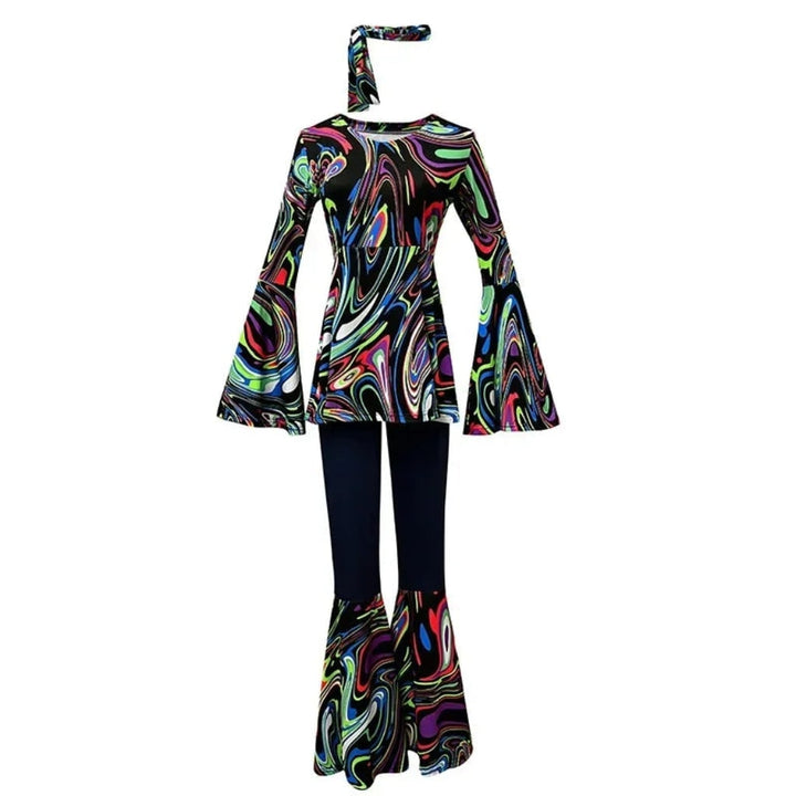 Halloween 70s Costume Hippie Bell Bottom Set with Headband and Psychedelic Print