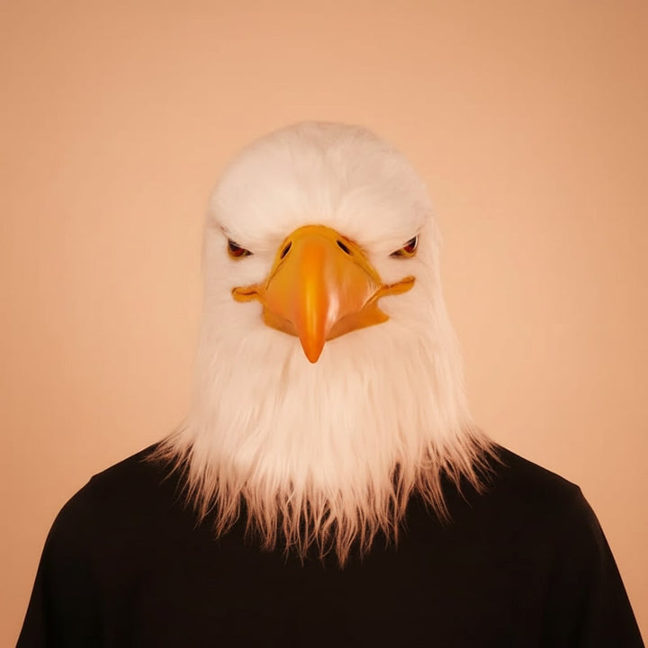 Halloween Animal Head Mask with Bald Eagle Design White Faux Fur and Yellow Beak for Party Costume