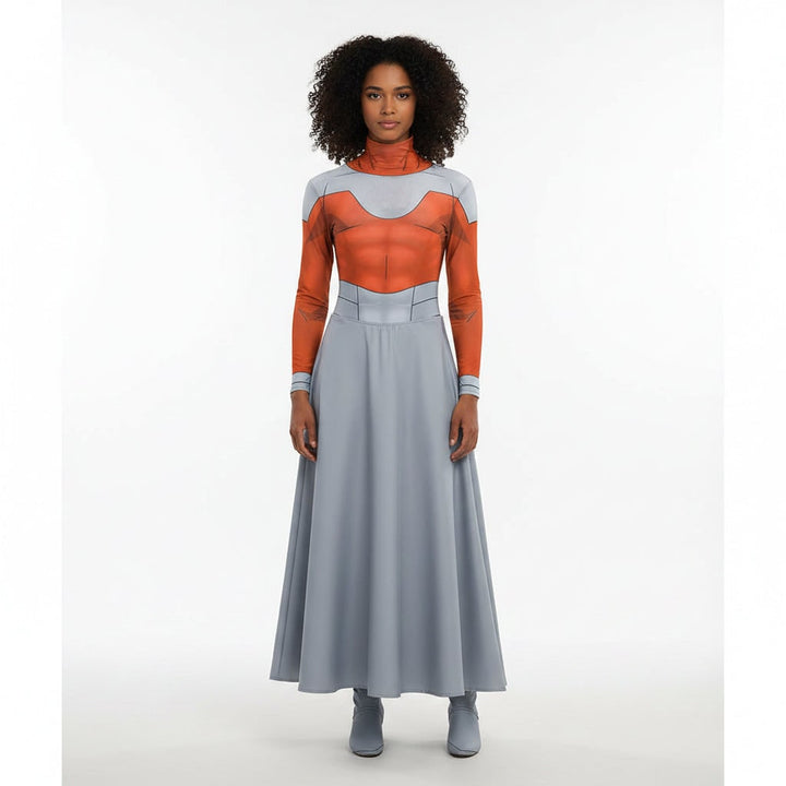 Halloween Cosplay Costume Set with Sci-Fi Armor Print Skirt and Cape
