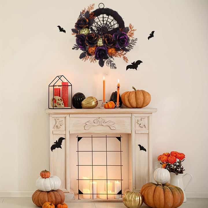 Halloween Door Wreath with Black Roses Spiderweb and Glitter Ornaments for Indoor Decoration