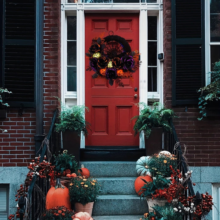 Halloween Door Wreath with Black Roses Spiderweb and Glitter Ornaments for Indoor Decoration