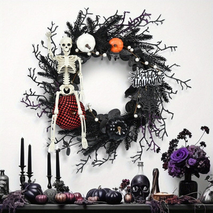 Halloween Door Wreath with Jack O Lantern Pumpkins and Skeleton for Party Decorations