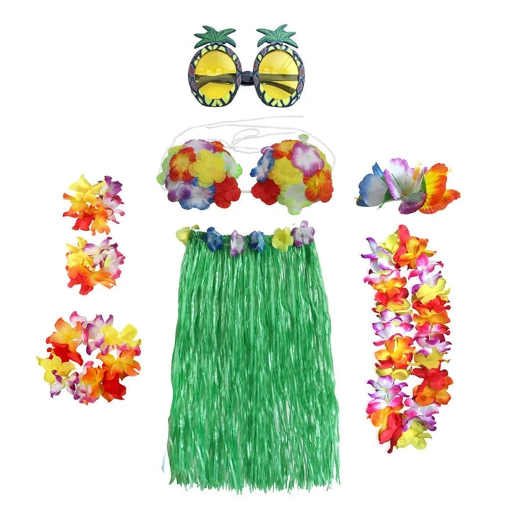 Halloween Two Piece Skirt and Top Matching Set Hawaiian Hula Costume with Grass Flower Lei