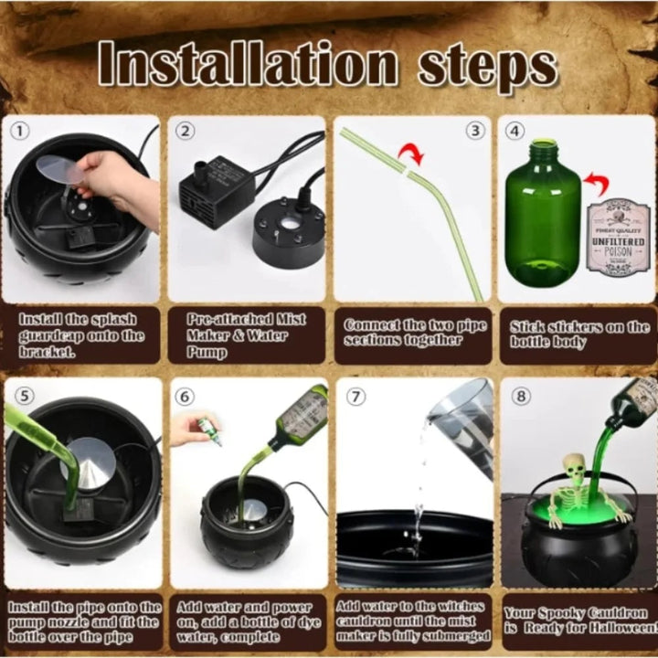 Halloween Witch Cauldron Decoration Fog Machine LED Lights and Floating Bottle Prop
