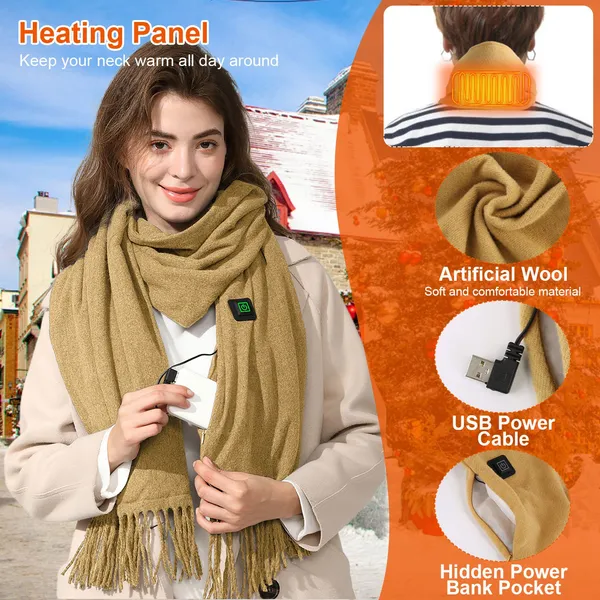 Heated Fleece Scarf and Neck Wrap with USB Power and Three Temperature Settings