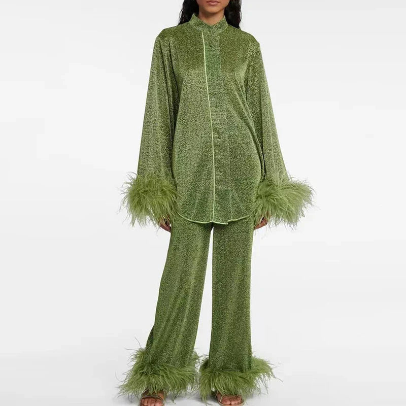 Women's Glitter Two-Piece Set with Feather Hem Party Outfit