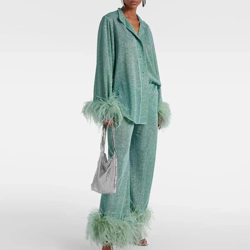 Women's Glitter Two-Piece Set with Feather Hem Party Outfit