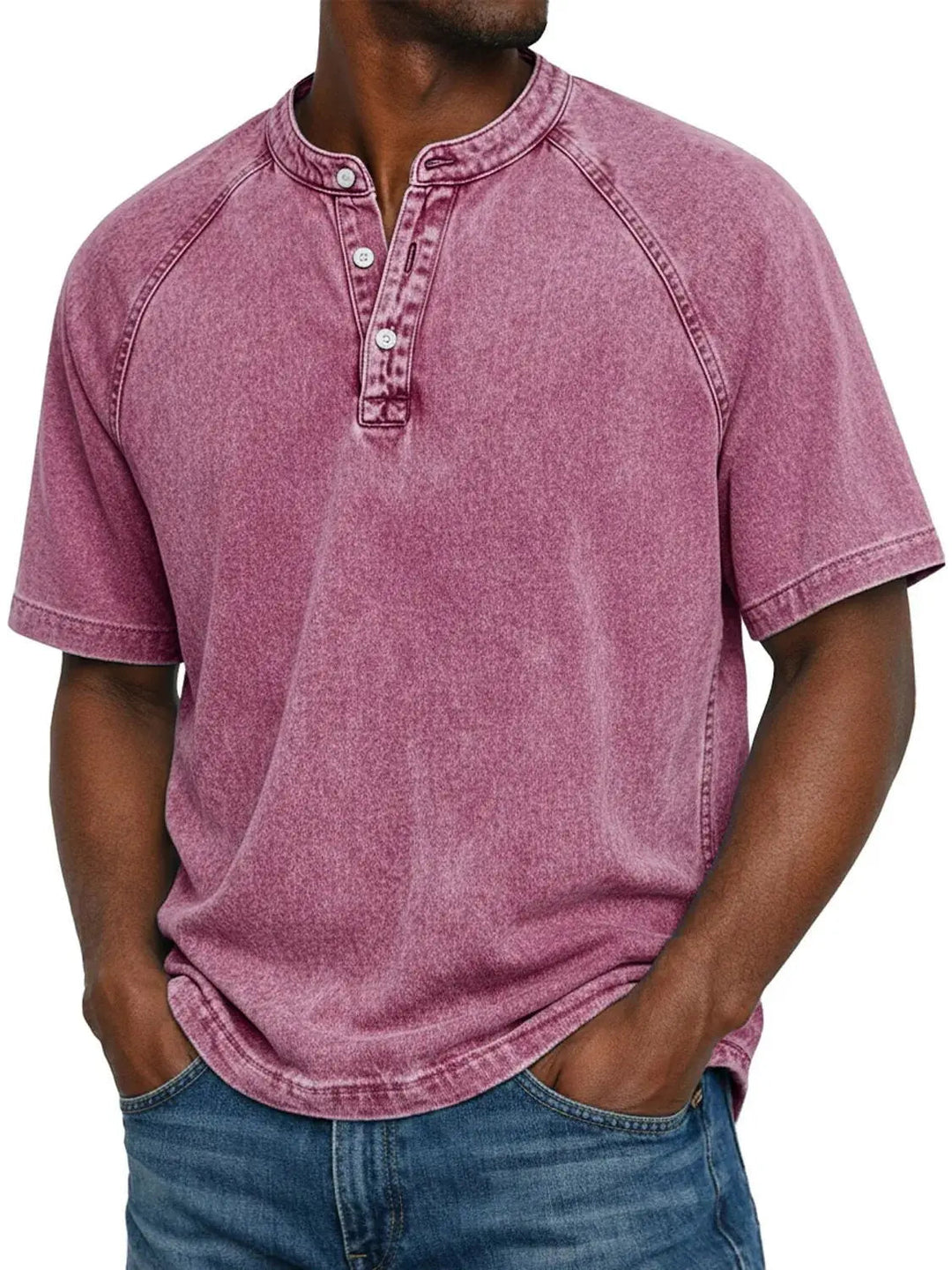 Men's short-sleeved casual T-shirt with raglan sleeves in washed Henley style