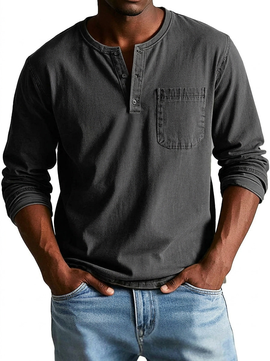 Men's Long-Sleeve Henley Shirt with Button Placket and Chest Pocket