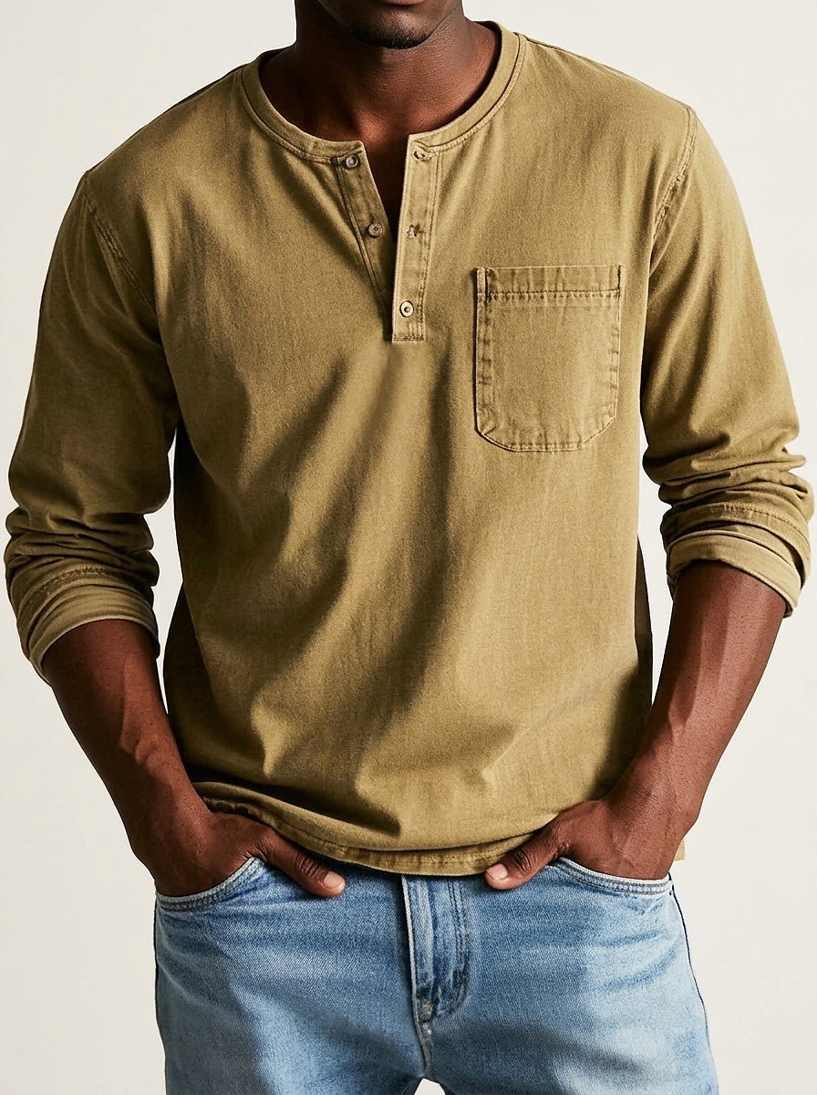 Men's Long-Sleeve Henley Shirt with Button Placket and Chest Pocket