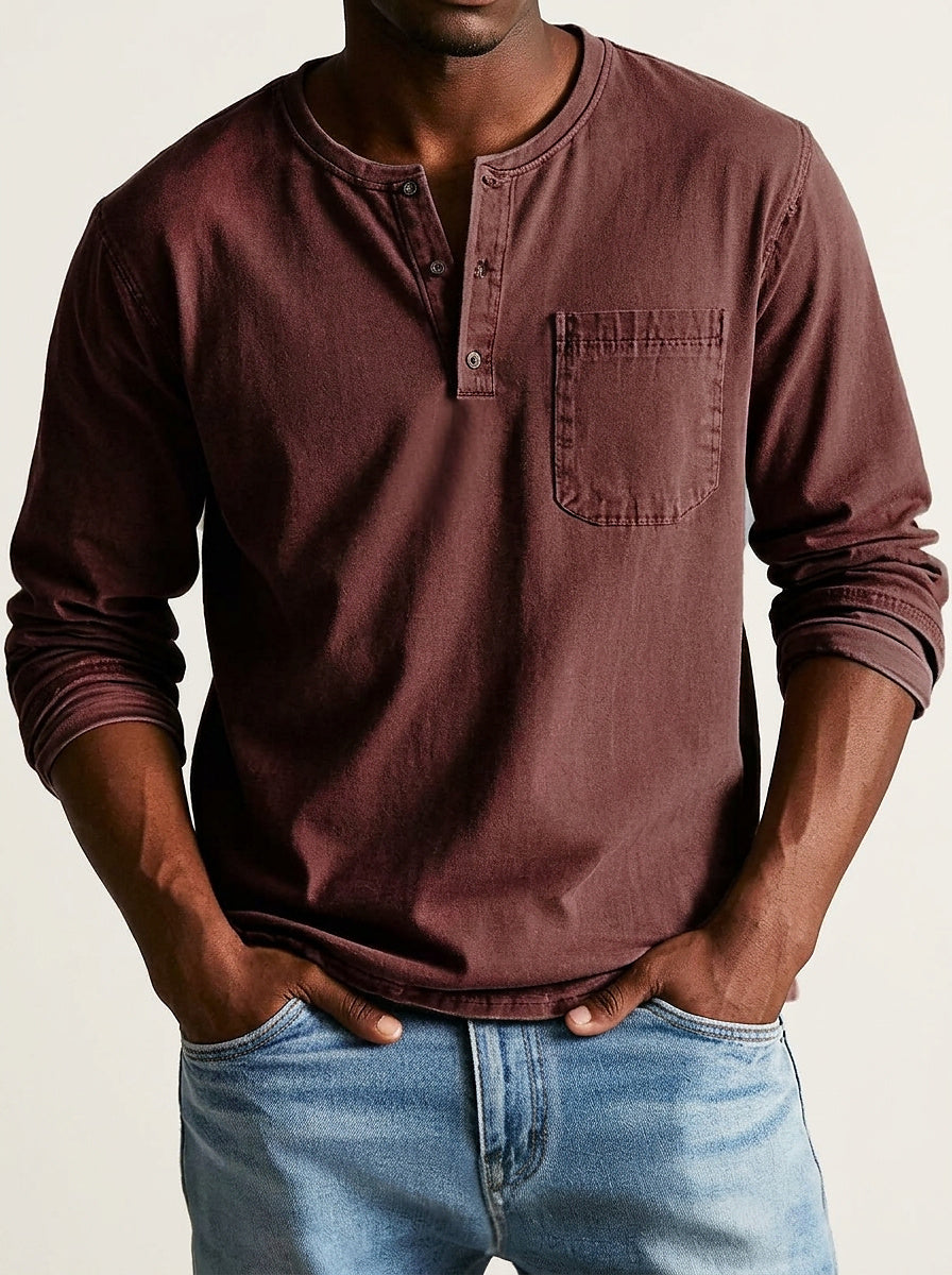 Men's Long-Sleeve Henley Shirt with Button Placket and Chest Pocket