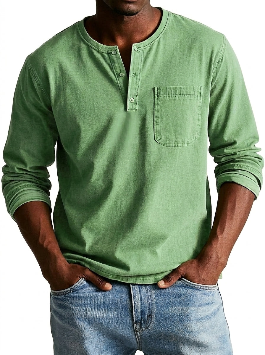 Men's Long-Sleeve Henley Shirt with Button Placket and Chest Pocket