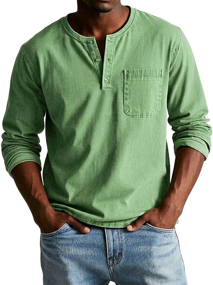 Men's Long-Sleeve Henley Shirt with Button Placket and Chest Pocket