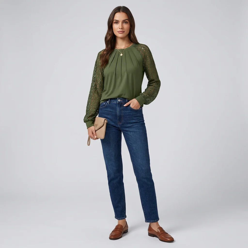Pleated Lace Long‑Sleeve Shirt