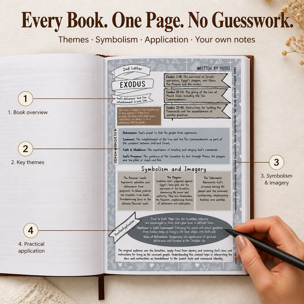 Bible study companion guide with one page for each of the 66 books, faux leather