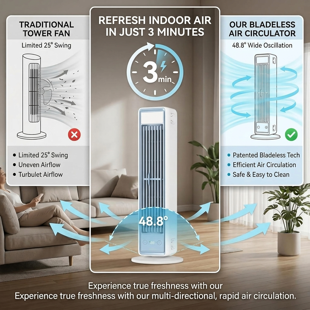 Portable Bladeless Cooling Fan with Remote Control, Rechargeable 3600mAh Battery, 5 Speeds & Oscillation