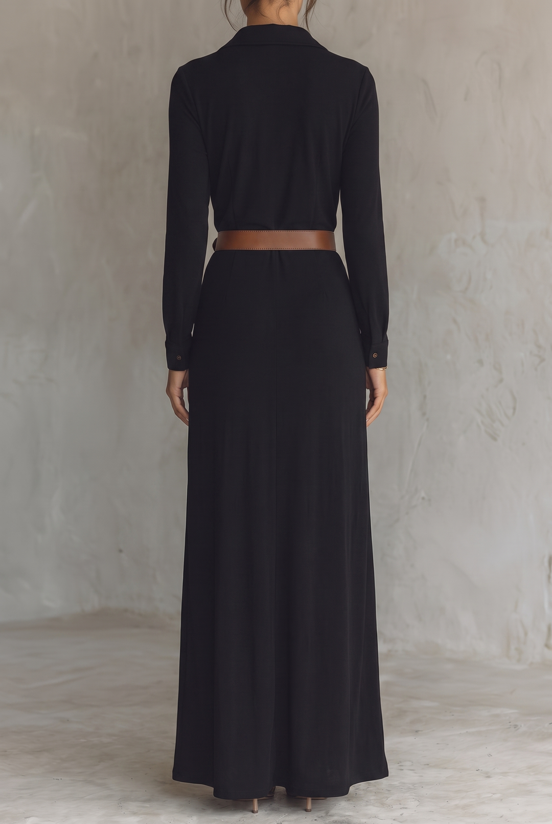 Women's Maxi Dress with Notched Collar, Single-Breasted, with Belt and Long Sleeves