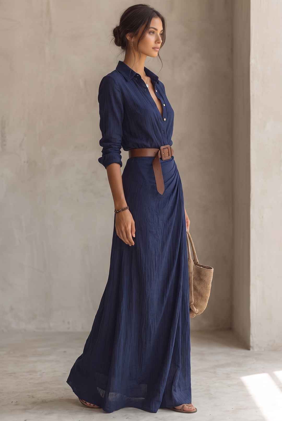 Women's Maxi Dress with Notched Collar, Single-Breasted, with Belt and Long Sleeves
