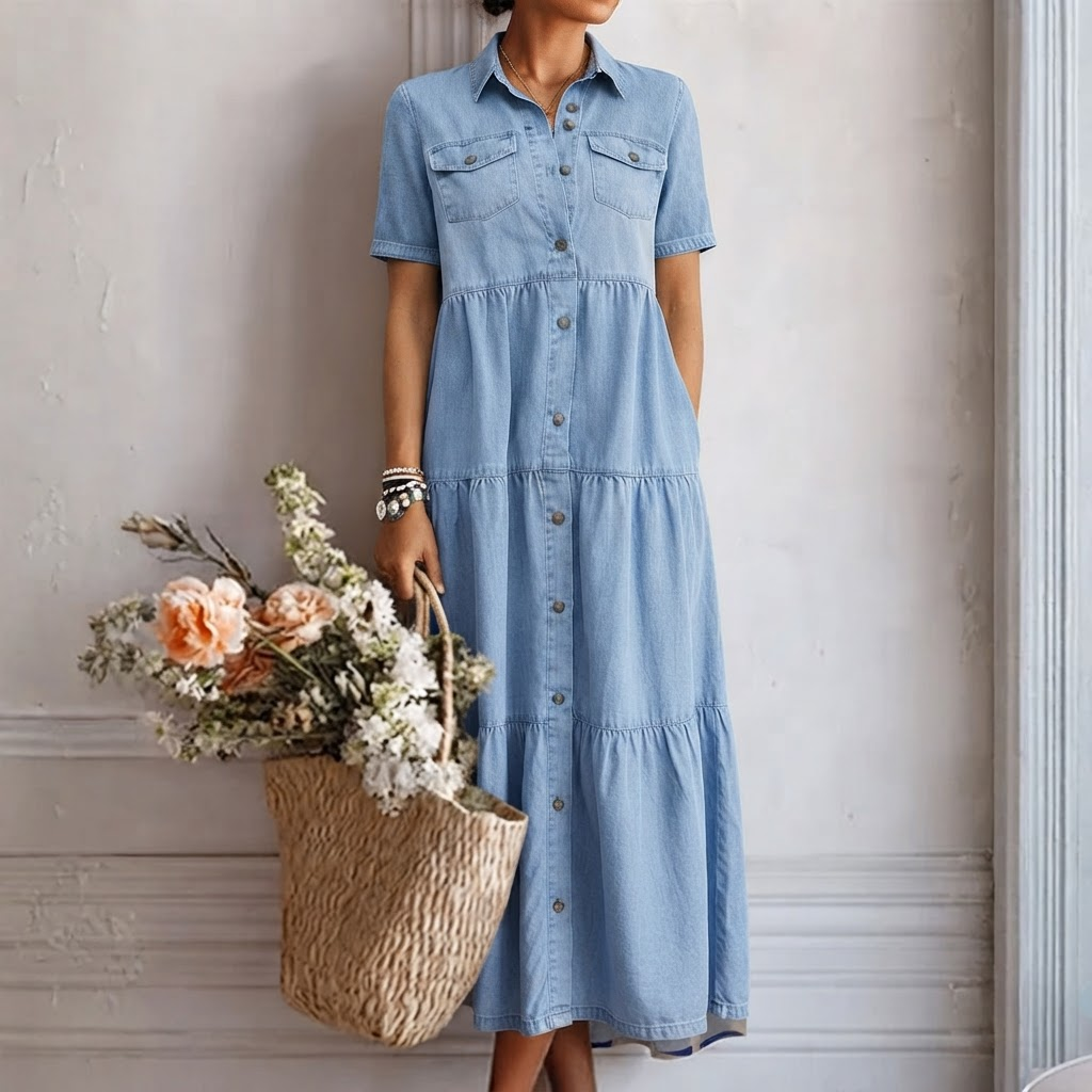 Denim-Print Midi Dress – Relaxed Cut with Front Button Placket
