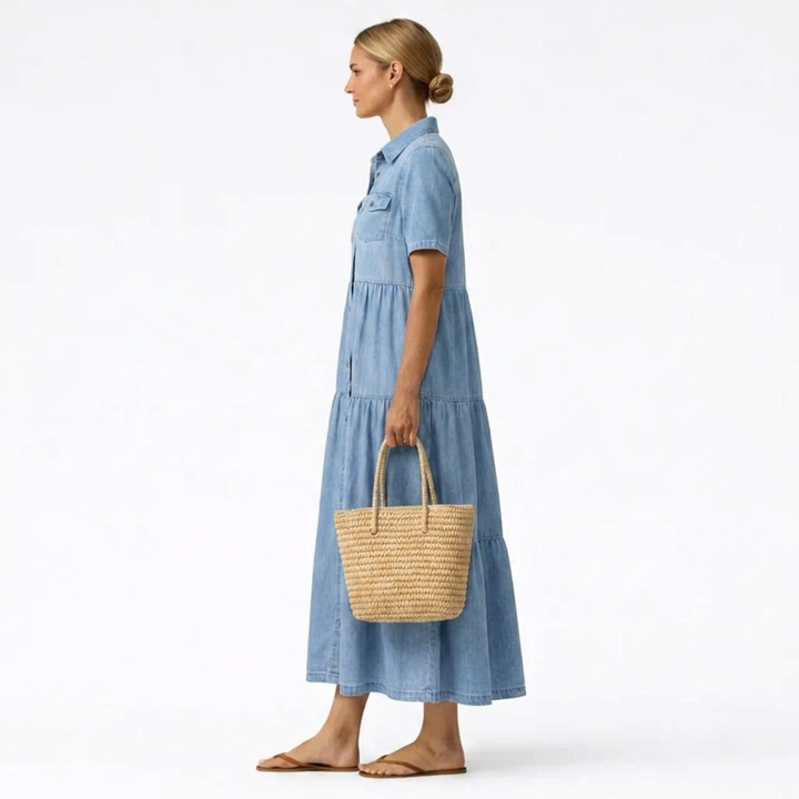 Denim-Print Midi Dress – Relaxed Cut with Front Button Placket