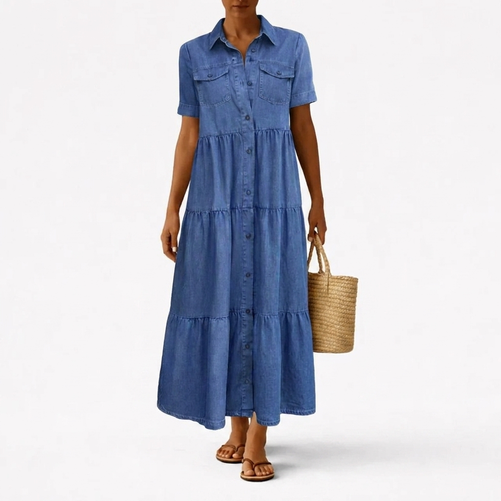 Denim-Print Midi Dress – Relaxed Cut with Front Button Placket