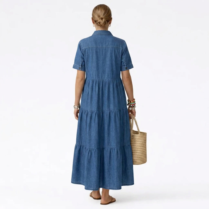 Denim-Print Midi Dress – Relaxed Cut with Front Button Placket