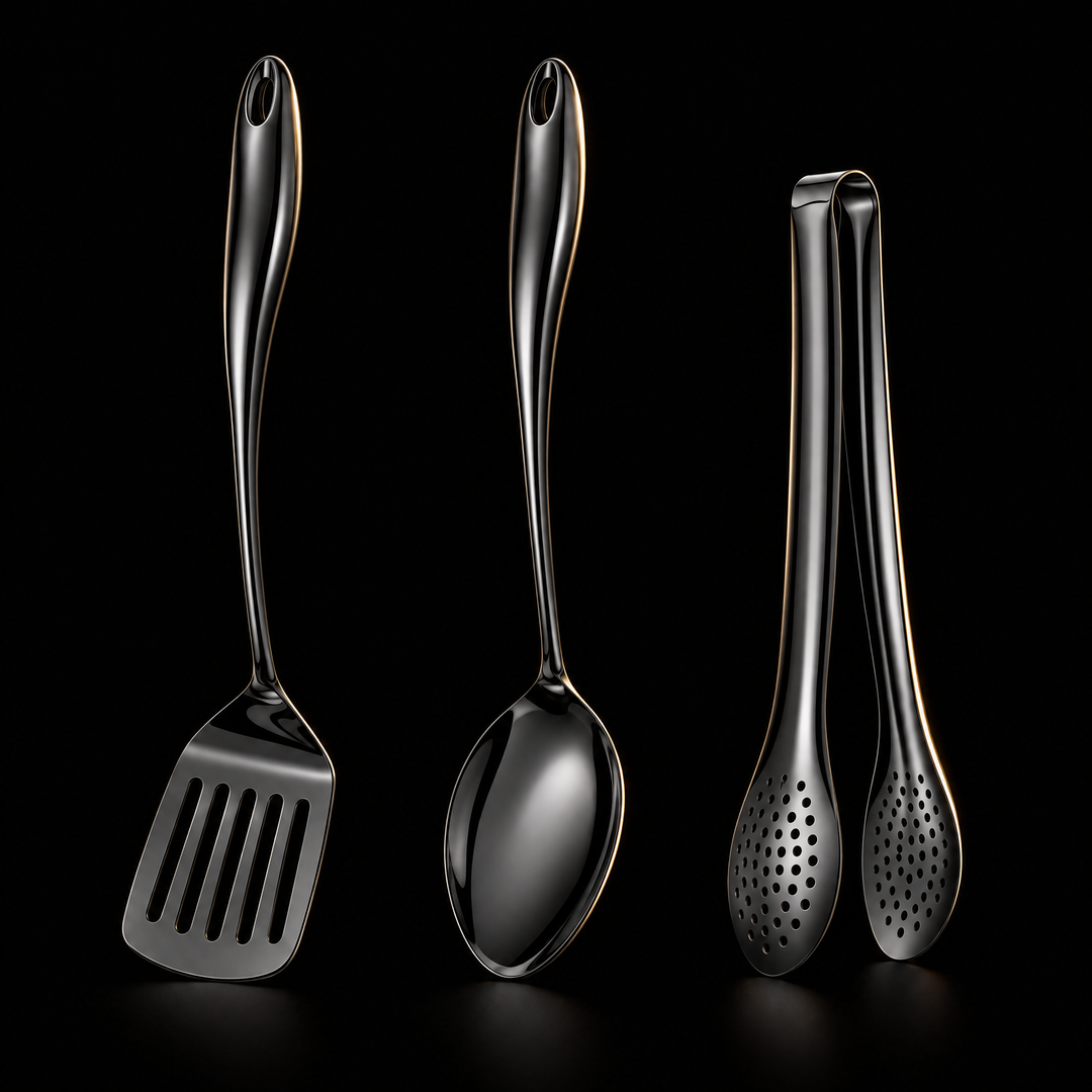 Stainless steel kitchen utensil set with curved handles, 3 to 11 pieces
