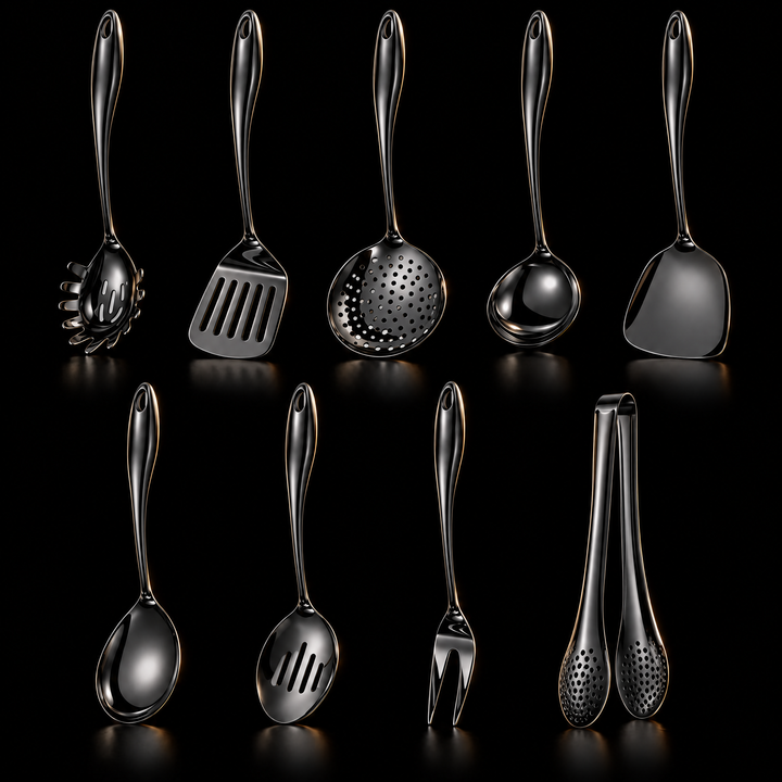 Stainless steel kitchen utensil set with curved handles, 3 to 11 pieces