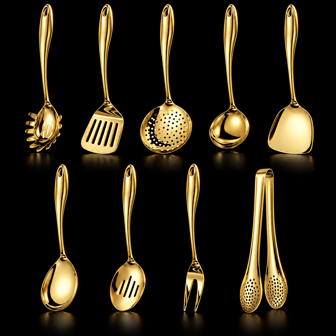 Stainless steel kitchen utensil set with curved handles, 3 to 11 pieces