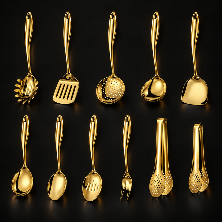 Stainless steel kitchen utensil set with curved handles, 3 to 11 pieces