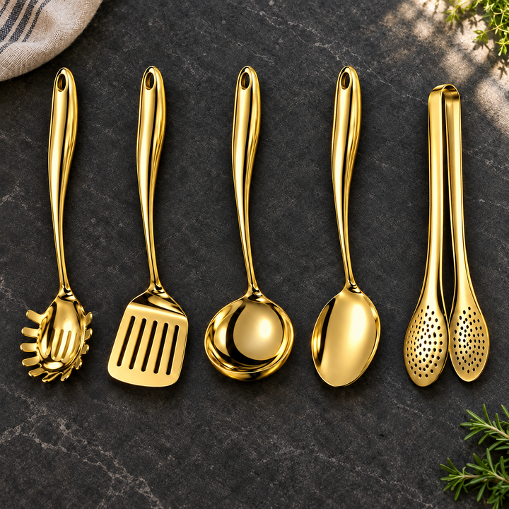 Stainless steel kitchen utensil set with curved handles, 3 to 11 pieces