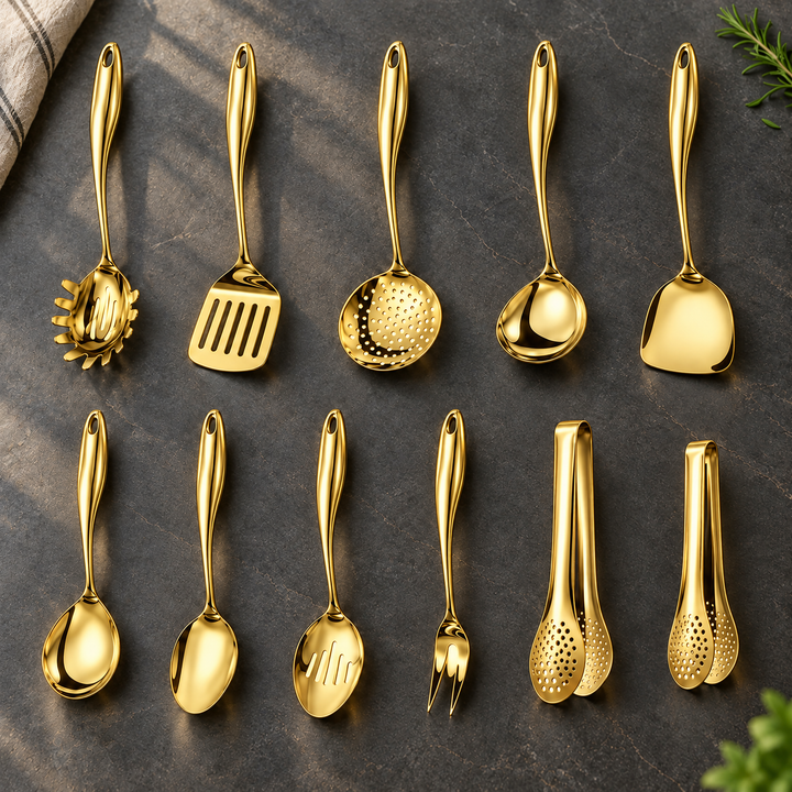 Stainless steel kitchen utensil set with curved handles, 3 to 11 pieces