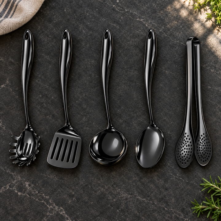 Stainless steel kitchen utensil set with curved handles, 3 to 11 pieces