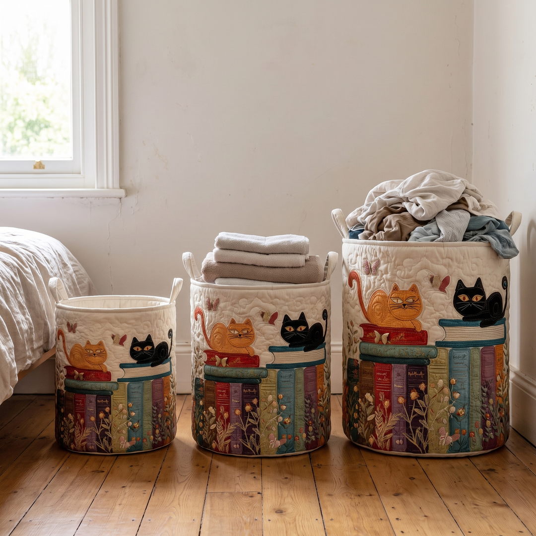 Quilted laundry basket with cat pattern, foldable fabric laundry basket with handles