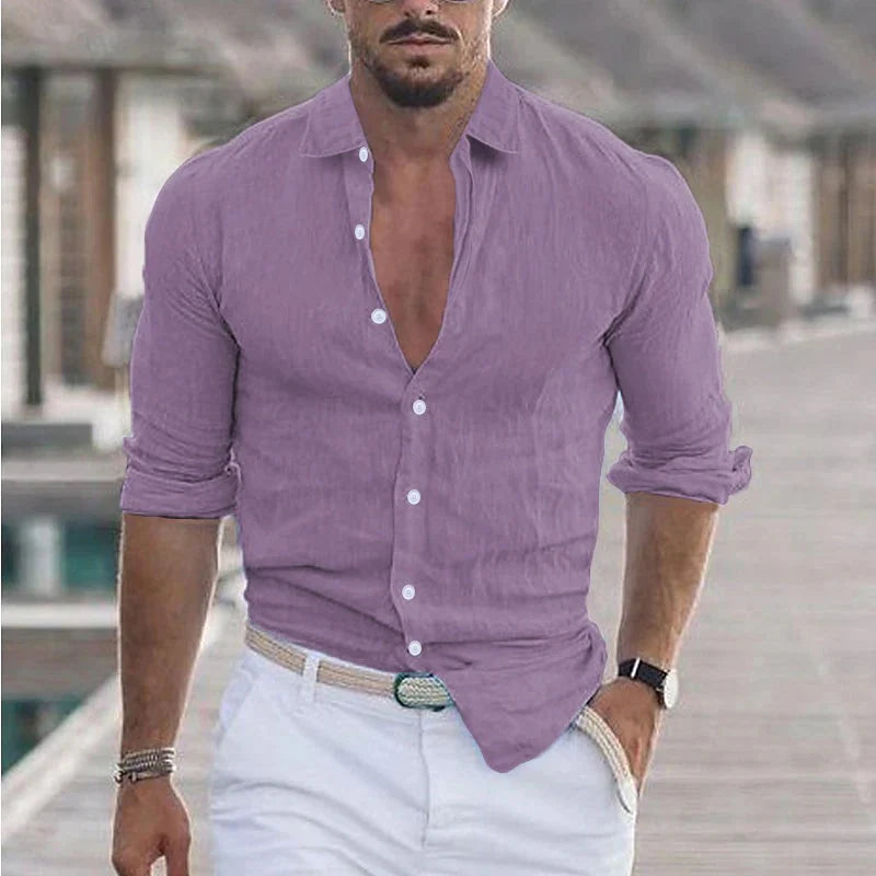 Men's Long Sleeve Button-Up Shirt with Turn-Down Collar