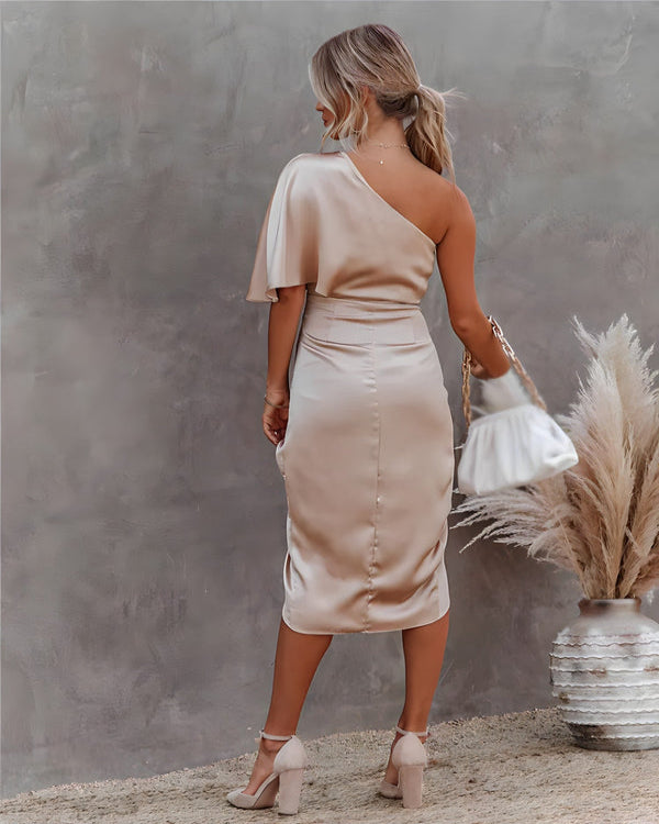 Satin Midi Dress with One-Shoulder Design and Elegant Ruffles