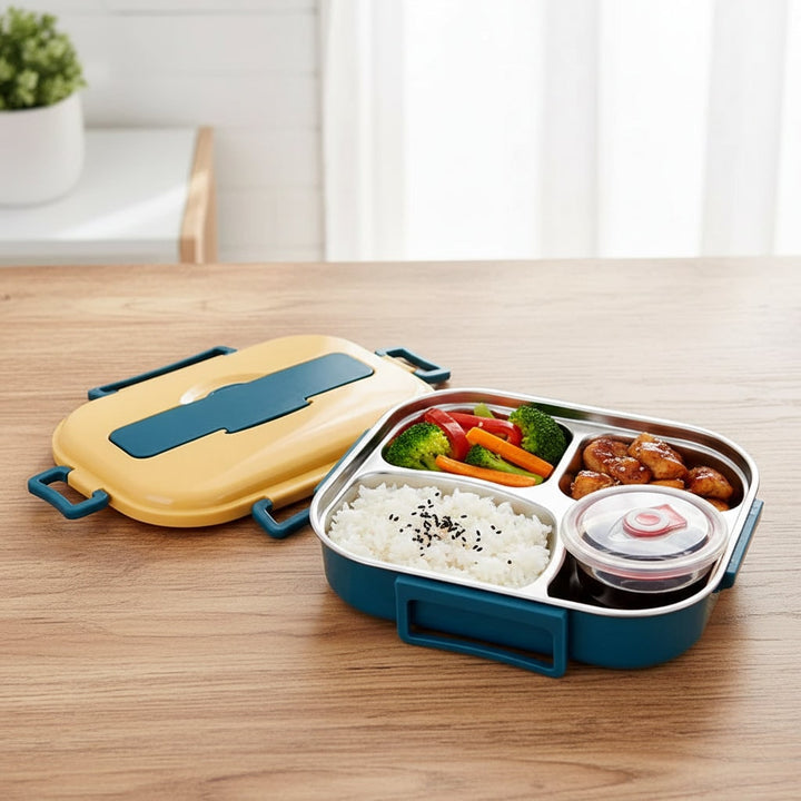 Insulated Stainless Steel Bento Lunch Box with Divided Compartments and Lidded Bowl