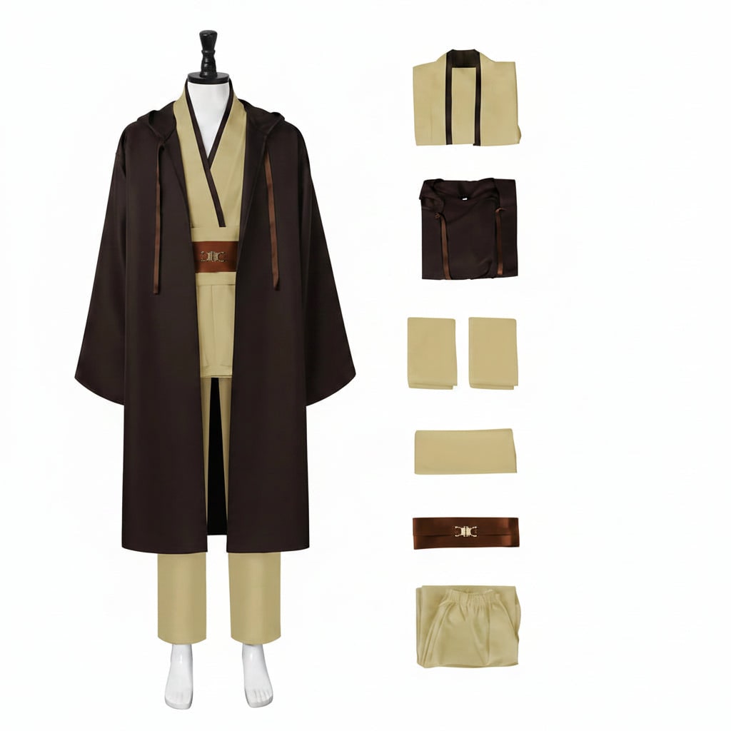 Halloween Space Knight Costume Cosplay Outfit with Hooded Robe Tunic Sash and Belt for Party