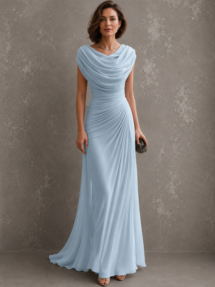Draped sleeveless maxi dress with flowing floor-length skirt