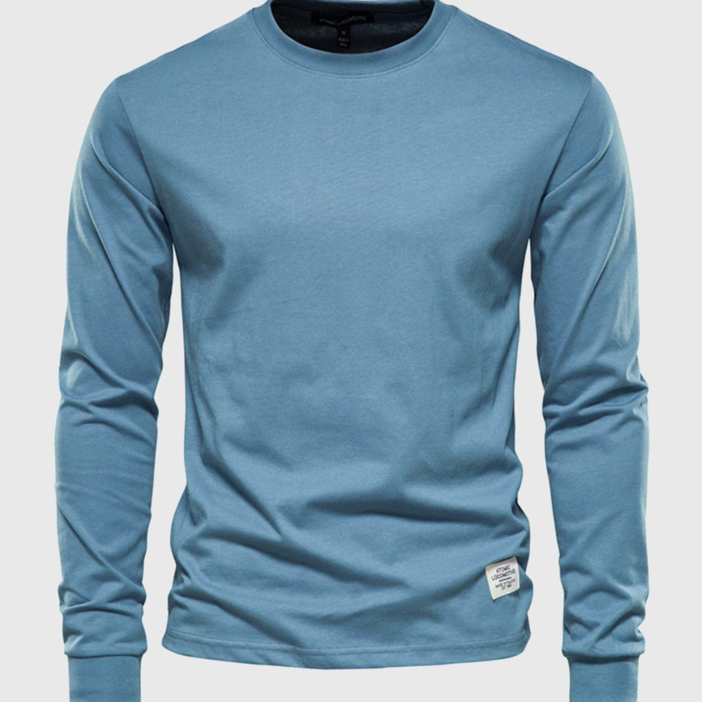 Men's Cotton Long-Sleeved Shirt with Round Neck