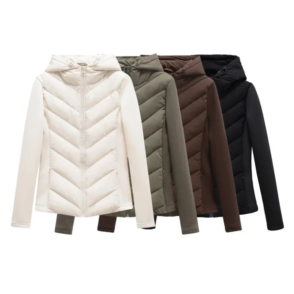Lightweight Women's Quilted Winter Jacket with Hood and Hidden Pockets.