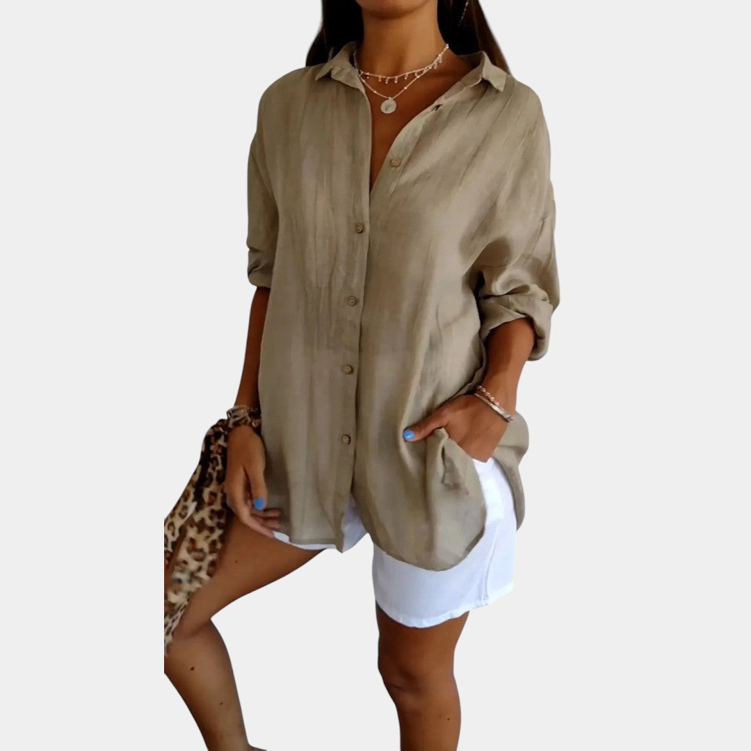 Damesblouse van luchtige katoen-linnenmix met comfortabele pasvorm, ideaal voor werk, vrije tijd of een avondje uit.