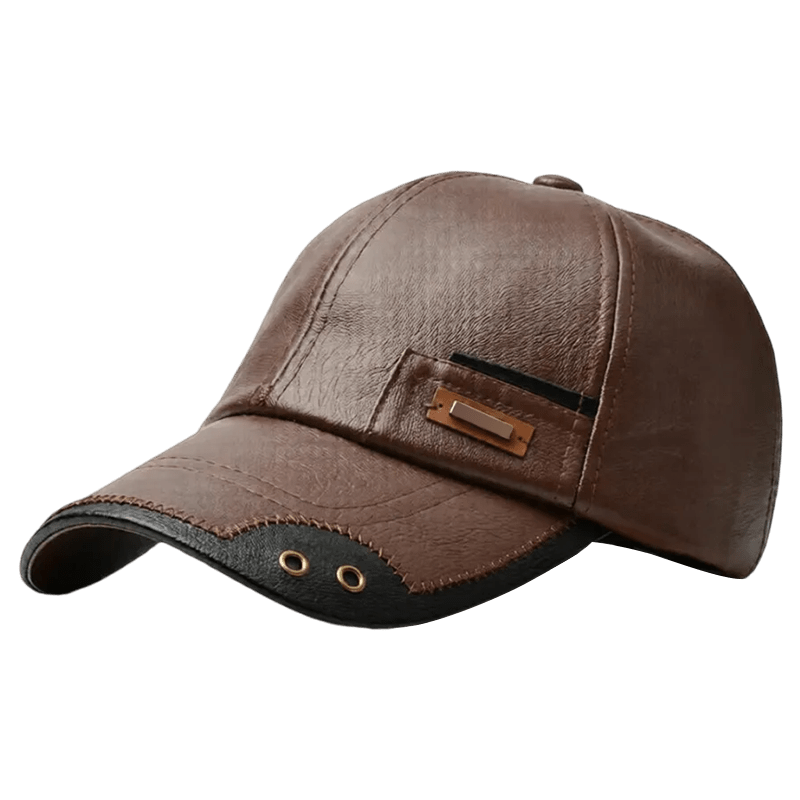 Men's Faux Leather Baseball Cap with Curved Brim and Six-Panel Stitching